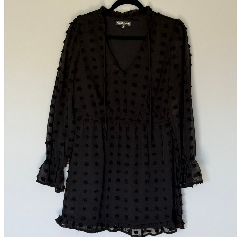 Midnight Doll Black Swiss Dot Ruffle Mini Dress Long Sleeve V-Neck Size S NEW